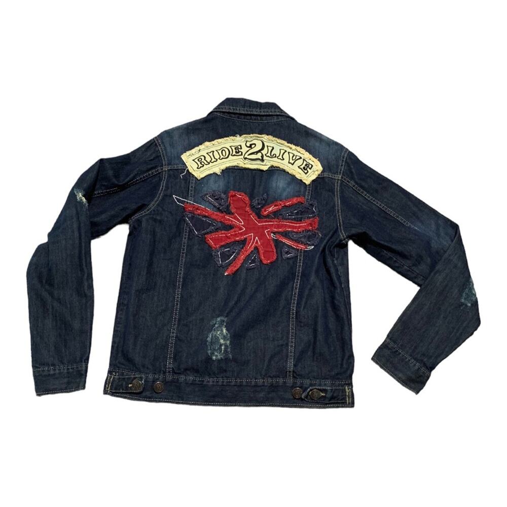 Smoke Rise NY mens medium denim jean jacket distressed biker grunge gorp patch